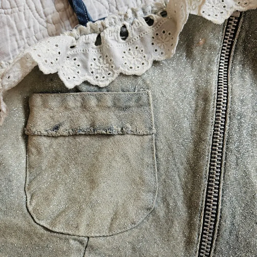 Sold - Euro Sparkly Denim Top Cropped White Eyelet Detail - Size Small - Picture 4 of 8